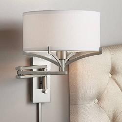 Tremont Modern Swing Arm Wall Lamp Brushed Nickel Plug-in Light Fixture White Drum Shade for Bedroom Bedside Living Room Reading - Possini Euro Design