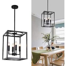 BONLICHT Vintage Industrial Metal Foyer Cage Chandelier 4 Light Black Candle Style Ceiling Hanging Light Fixture Rustic Lantern Pendant Lighting for Kitchen Hallway Bar Dining Room Restaurant