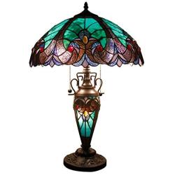 Tiffany Style Table Lamp W16H24 Inch Tall Green Stained Glass Liaison Lampshade Antique Night Light Base S160G WERFACTORY LAMPS Lover Living Room Bedroom Office Study Reading Desk Nightstand Art Gifts