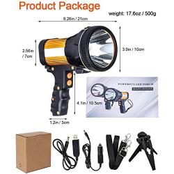 Gwendool super bright spotlight 7000 lumens waterproof LED flashlight rechargeable handheld searchlight 6600 MAh portable outdoor tactical flashlight 5 lighting modes (gold)