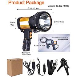 Gwendool super bright spotlight 7000 lumens waterproof LED flashlight rechargeable handheld searchlight 6600 MAh portable outdoor tactical flashlight 5 lighting modes (gold)