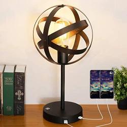 Yueximei Touch Control Globe Vintage Table Lamp,3 Way Dimmable,2 Fast USB Charging Ports, Small Industrial Edison Black Iron Steampunk Lamp for Bedroom Living Room,Office (LED Bulb Included)