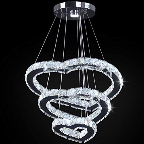 Modern Crystal 3 Heart Rings LED Chandelier Light Fixture Pendant Lighting Adjustable Stainless Steel Ceiling Hanging Lamp for Living Room Dinning Room Kitchen Bedroom (Heart Cool White)