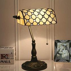 LITFAD Vintage Tiffany Beads Table Light Art Glass 1 Light Yellow Banker Lamp Bedside Table Lamp LED Desk Lamp Reading Light for Restaurant Bedroom Hotel Office