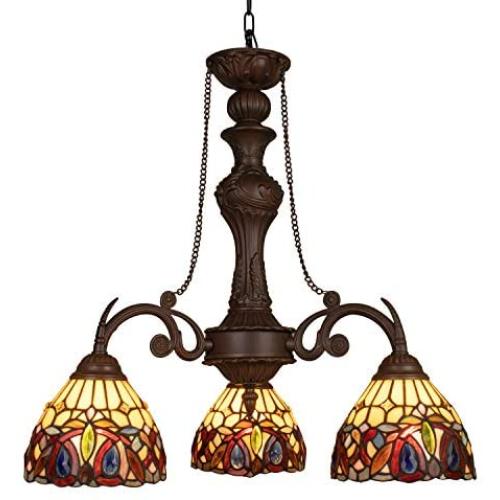 Capulina Handcrafted Tiffany Glass Chandelier, 3 Lights Tiffany Ceiling Light Fixture, Victorian Lampshade Dinning Room Lighting Fixtures Hanging, Antique Kitchen Lights CL078802-3CP