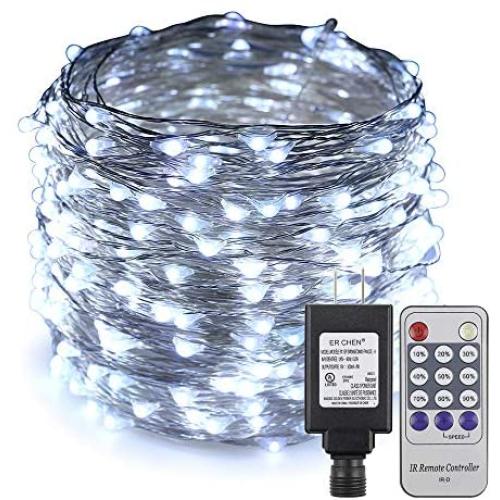 ErChen Adapter Powered Led Starry String Lights, 100FT 30M 300 Led Plug in Dimmable Remote Control Silver Copper Wire Fairy Lights for Wedding Christmas Party Home Decor (Cool White)