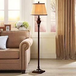 Rustic Floor Lamp for Living Room, French Faux Wood Floor Lamp with Cream Fabric Shade for Reading Bedroom Office BOOU BN-0085A-1.