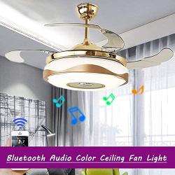 Modern 42 Bluetooth Ceiling Fan Light 7-Colorful LED and Remote Control and High Speaker APP Music Player ABS Retractable 4-Blades Fan Light for Dining Room/Living Room/Bedroom