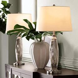 Carol Modern Table Lamps Set of 2 Mercury Glass Column White Drum Shade for Living Room Family Bedroom Bedside Nightstand - 360 Lighting