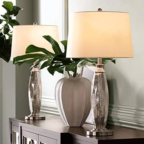 Carol Modern Table Lamps Set of 2 Mercury Glass Column White Drum Shade for Living Room Family Bedroom Bedside Nightstand - 360 Lighting