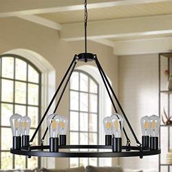 OSAIRUOS Farmhouse Rustic Chandelier Antique Retro Industrial Ceiling Pendant Light Round Rod Iron Chandeliers Lighting Fixture 8-Lights for Kitchen Island Living Room W30, Matte Black