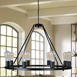 OSAIRUOS Farmhouse Rustic Chandelier Antique Retro Industrial Ceiling Pendant Light Round Rod Iron Chandeliers Lighting Fixture 8-Lights for Kitchen Island Living Room W30, Matte Black