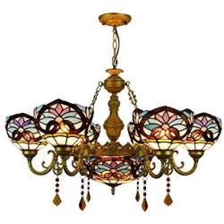 BAYCHEER Victorian Tiffany Lamp 7 Lights Stained Glass Dome Chandelier 32.68'' Victorian Pendant Light Hanging Lamp Chain Adjustable Gorgeous Lighting in Blue