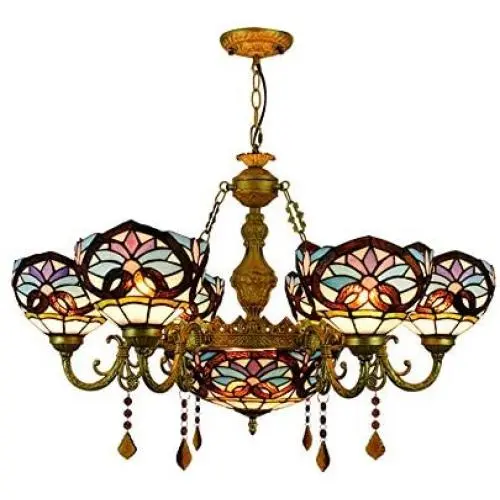 BAYCHEER Victorian Tiffany Lamp 7 Lights Stained Glass Dome Chandelier 32.68'' Victorian Pendant Light Hanging Lamp Chain Adjustable Gorgeous Lighting in Blue