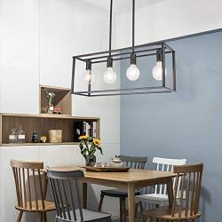 BONLICHT Kitchen Island Dining Room Pendant Lighting 4 Light Industrial Vintage Open Frame Rectangle Chandeliers Modern Black Linear Cage Ceiling Light Fixture for Farmhouse Cafe Bar Restaurant