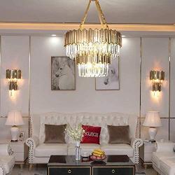 Modern Double Layer Crystal Chandelier,10-Lights Wrought Iron Plating Pendant Light Fixture,Round Luxury Chandelier,E12 Ceiling Light for Dining Room