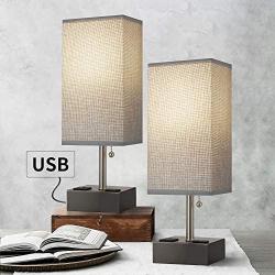 OYEARS Table Lamps Set of 2 Built in Dual USB Charging Port Bedside 15.5” Table Lamp with Dual AC Power Outlets for Bedroom Living Room Office Study Room Grey Fabric Shade