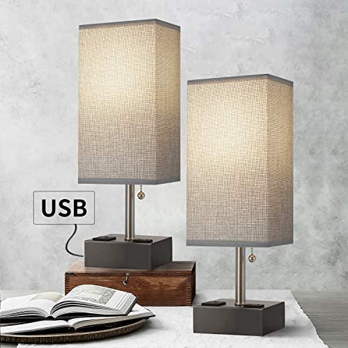 OYEARS Table Lamps Set of 2 Built in Dual USB Charging Port Bedside 15.5” Table Lamp with Dual AC Power Outlets for Bedroom Living Room Office Study Room Grey Fabric Shade