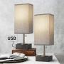 OYEARS Table Lamps Set of 2 Built in Dual USB Charging Port Bedside 15.5” Table Lamp with Dual AC Power Outlets for Bedroom Living Room Office Study Room Grey Fabric Shade