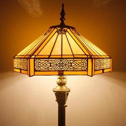 Tiffany Floor Lamp W16H64 Inch Yellow Stained Glass Hexagon Mission Style Shade Antique Standing Read Lighting Resin Base 2E26 S011 WERFACTORY LAMPS Lover Gift Bedroom Living Room Bedside Coffee Table