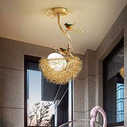 LITFAD 1 Light Woven Nest Chandelier Light Contemporary Metal and White Glass Pendant Lamp with Bird Accents Creative LED Hanging Ceiling Light Fixtur for Dining Room Living Room Restaurant