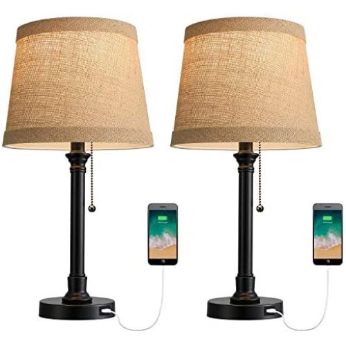 Oneach Table Lamps Set of 2 USB for Living Room Bedroom Office Rustic 19.75'' Bedside Desk Lamps Nightstand Lamp Metal Gold Modern Reading Lamp Black Pull Chain