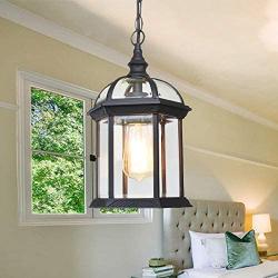 LITFAD Black Lantern Ceiling Hanging Light with Clear Glass Shade 1 Bulb 8'' L Vintage Outdoor Waterproof Lighting Industrial Pendant Light for Dining Room Restaurant Bar Courtyard