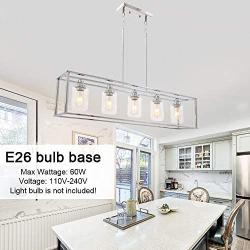 VINLUZ 5 Light Chandeliers Chrome with Clear Glass Shade Modern Industrial Kitchen Island Pendant Lights Linear Dining Room Lighting Fixtures Hanging, Farmhouse Flush Mount Ceiling Light for Bar