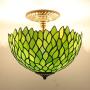 Tiffany Ceiling Light Fixture W12H11 Inch Semi Flush Mount Green Stained Glass Wisteria Shade S523 WERFACTORY Lamps Lover Parent Dining Living Room Bedroom Study Entry Kitchen Island Bar Hallway Loft