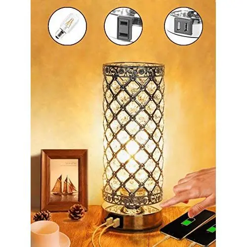 Touch Lamp Control Crystal Table Lamp 3-Way Dimmable Bedside Nightstand Desk Lamps with Dual USB Charging Ports,Small Decorative Lampshade Night Light for Bedroom Living Room, Bulb Included