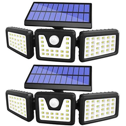 Solar Lights Outdoor Motion Sensor, 3 Adjustable Heads Solar Motion Sensor Light Outdoor, Security Lights 270° Wide Angle IP65 Waterproof Flood Lights for Porch Garden Patio Yard Garage, 2 Pack