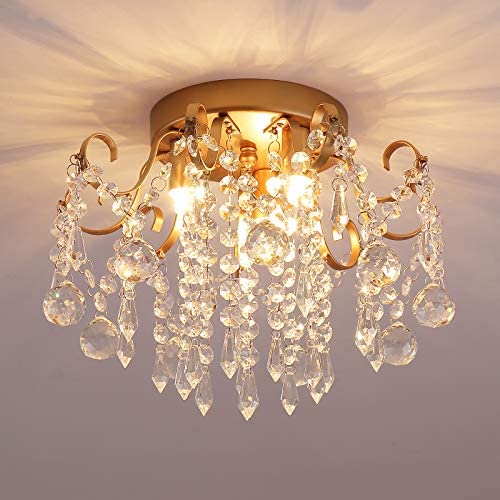 Q&S Small Chandelier, Modern Gold Mini Crystal Chandelier Ceiling Light Fixture for Bedroom,Hallway, Entryway ,G9 3-Light.