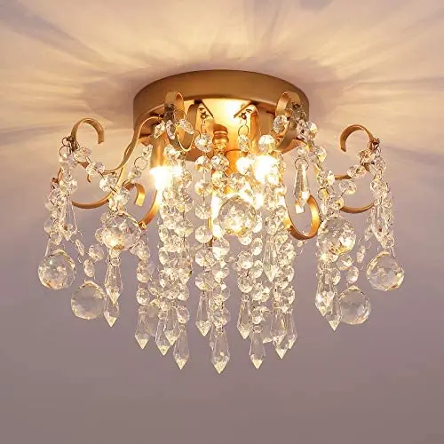 Q&S Small Chandelier, Modern Gold Mini Crystal Chandelier Ceiling Light Fixture for Bedroom,Hallway, Entryway ,G9 3-Light.