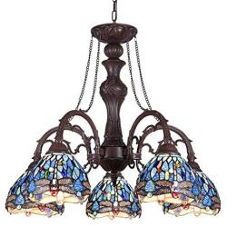 Capulina Chandelier, 5 Lights Tiffany Ceiling Light Fixture, Stained Glass Lampshade Dinning Room Lighting Fixtures Hanging, Antique Kitchen Lights CL074376-5CH