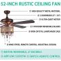 Rustic Ceiling Fan with Crystal Light Home Indoor Quiet Fan Light Reversible Wood Blades Ceiling Fan Chandelier Bedroom Living Room Family Ideal Crystal Fan Light, New Bronze, 52-Inch