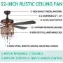 Rustic Ceiling Fan with Crystal Light Home Indoor Quiet Fan Light Reversible Wood Blades Ceiling Fan Chandelier Bedroom Living Room Family Ideal Crystal Fan Light, New Bronze, 52-Inch