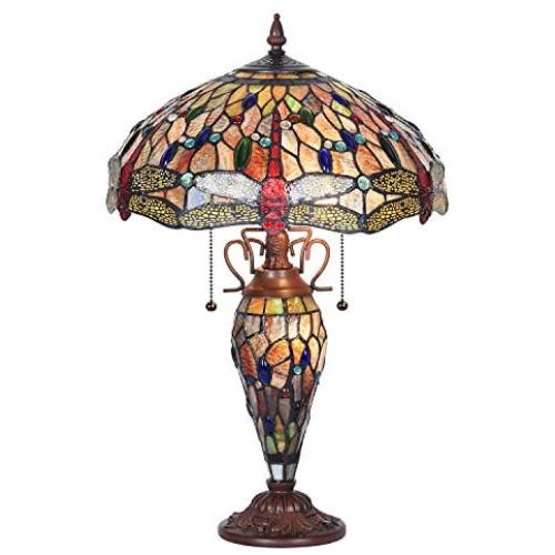 Capulina Tiffany Table Light, 3-Light Tiffany Style Table Lamp with Night Light, Beautiful Dragonfly Style Stained Glass Table Lamp, W15.9'' X H24'' Double Lit Tiffany Style Desk Lamp for Living Room