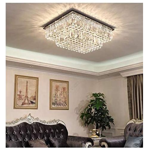 SILJOY Modern Rectangular Raindrop Crystal Chandelier Lighting Modern Flush Mount Ceiling Light Fixture for Dining Room Living Room L31.5'' x W 23.6'' x H14''