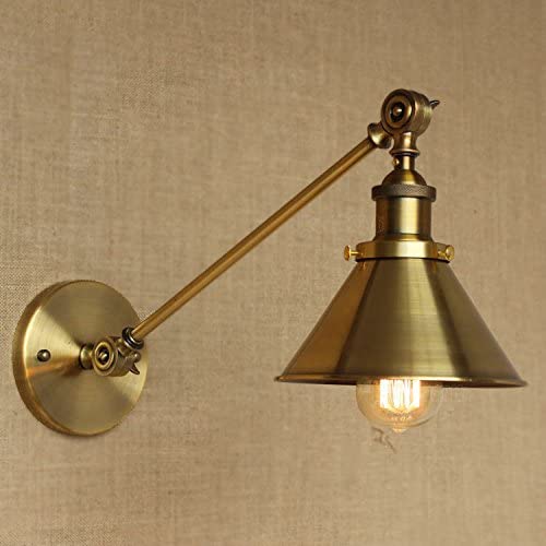 Adjustable Arm Wall Light Fixtures Brass Finish 1 Light Wall Sconce - LITFAD 7'' Industrial Wall Lamp Mounted Lighting Fixture with Cone Shade Library Light Brass