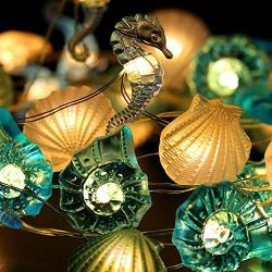 Sea String Lights, Beach Ocean Nautical Theme Seashell Seahorse Decorative Lighting, 9.8 Ft 40 LEDs Battery and USB Plug-in Operated with Remote and Timer for Party Indoor Outdoor Tent Wedding Bedroom