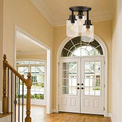 Semi Flush Mount Ceiling Light, 3-Light Close to Ceiling Light Fixtures, Vintage Oil-Rubbed Bronze Finish with Clear Seeded Glass Shade Chandelier Lighting for Stairs Porch Hallway Entryway Kitchen