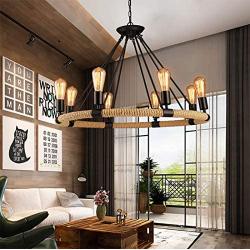 NOXARTE Black Chandelier Hemp Rope Wagon Wheel Pendant Light Retro Lighting Fixture for Dining Room Living Room 8-Light