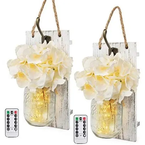 Mason Jar Sconces Wall Decor with Remote Control LED Fairy Lights, Farmhouse Rustic Wall Decor with Bronze Retro Hooks, Silk Hydrangea Design for Home Decorations Set of Two