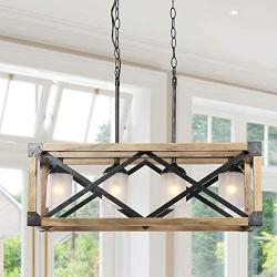 Farmhouse Kitchen Island Lighting, 4-Light Wood Hanging Light Fixture, Rectangular Chandelier for Dining Rooms, 27.5”L x 10”H