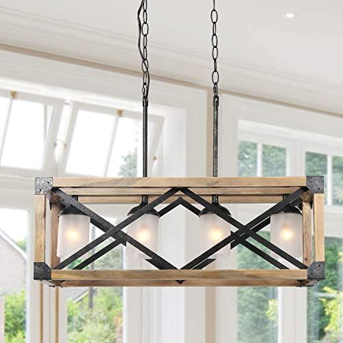 Farmhouse Kitchen Island Lighting, 4-Light Wood Hanging Light Fixture, Rectangular Chandelier for Dining Rooms, 27.5”L x 10”H