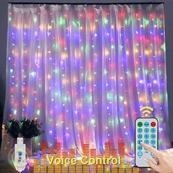 300 LED Curtain Lights with Voice Activated, E-POWIND USB Powered Christmas Fairy Light 9.8ft with Remote, Wall Hanging Light for Bedroom Window Wedding Party Backdrop Decor, Multicolor(No Curtain)