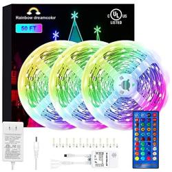 DreamColor 50Ft LED Strip Lights RGBIC, 450pcs Multicolor Chasing Flexible Color Changing Music Sync Lights with 44 Key Remote for Bedroom-Rainbow LED Strip Lights(3 X 16.4ft)