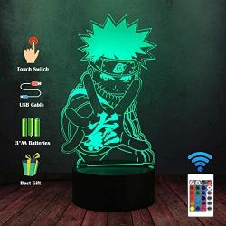 LED Stereo Anime Uzumki Naruto Figure 3D Desk Lamp, for Kids Bedroom Decor Cartoon Creative 16 Color Dimming Night Light, Best Birthday Gift Baby Old Man Sleep Bedside Lamp Lighting