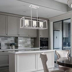 VINLUZ 3 Light Kitchen Island Pendant Lighting in Chrome Finish with Clear Glass Shade Linear Iron Ceiling Ligh Fixture Adjustable Hanging