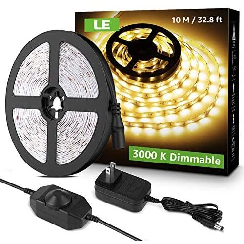 LE LED Strip Light, 32.8ft Dimmable Vanity Lights, 3000K Super Bright LED Tape Lights, 600 LEDs SMD 2835, Strong 3M Adhesive, Suitable for Home, Kitchen, Under Cabinet, Bedroom, Warm White